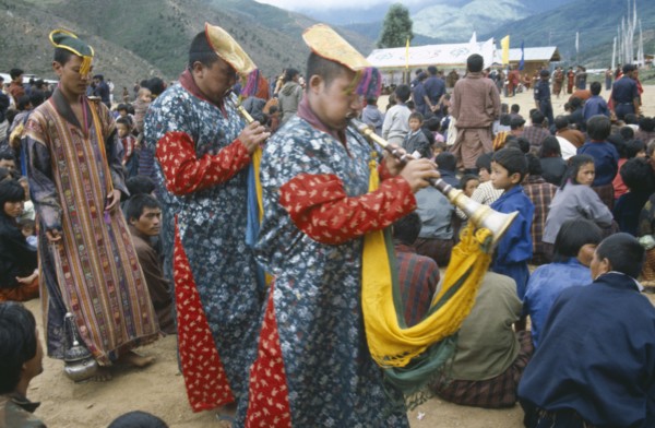 BHUTAN, Festivals, Procession of priests with horns at Padmasambhava festival