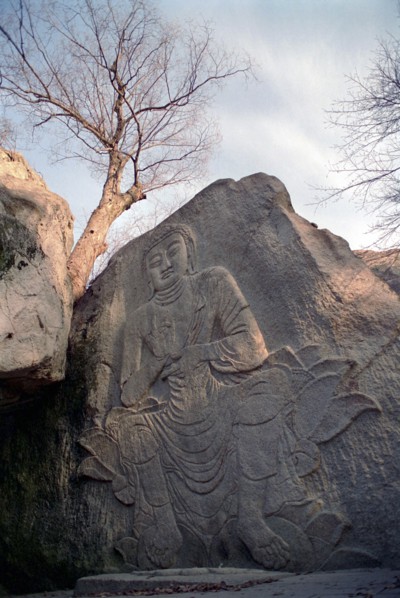 SOUTH KOREA, Songnisan National Park, Popchusa, Angled view of seated Buddha rock carving in cliff