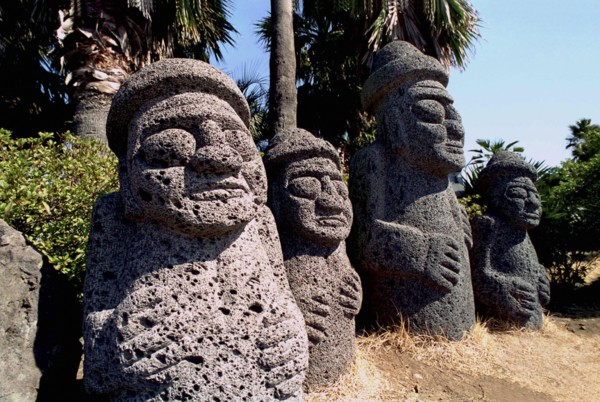 SOUTH KOREA, Cheju do Island, Tolharubang grandfather stones carved from lava rock which are