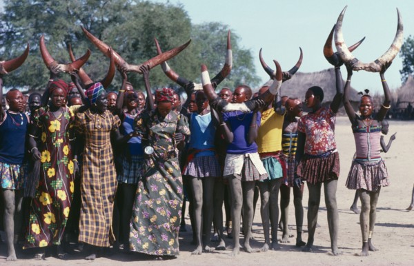 SUDAN, Tribal Peoples, Dinka cattle festival or Toich.  Women holding painted bulls horns in the
