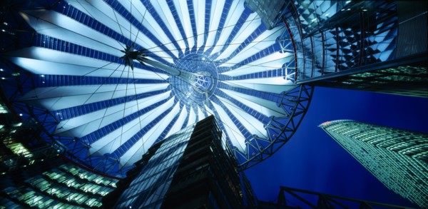 GERMANY, Berlin, Potsdamer Platz. View looking up from the interior of the glass roof of the Sony