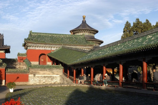 CHINA, Beijing, Tiantan Park, aka The Temple of Heaven. View of the red and green rooved