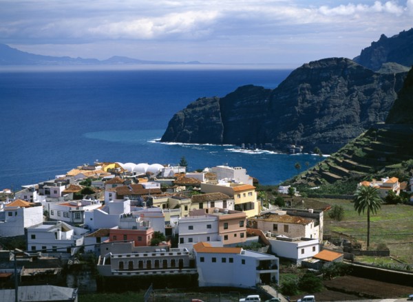 SPAIN, Canary Islands, La Gomera, "Agulo.  White yellow and orange painted houses with tiled