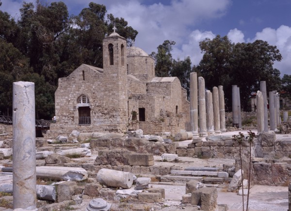 CYPRUS, Ayia Kyriaki, Twelth century Byzantine church.  Part restored exterior in area of fallen