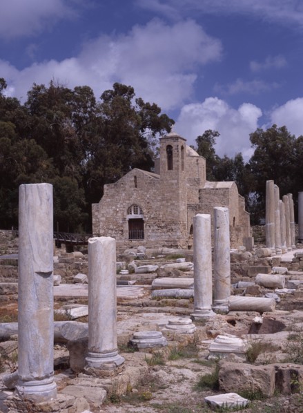 CYPRUS, Ayia Kyriaki, Twelth century Byzantine church.  Part restored exterior in area of fallen