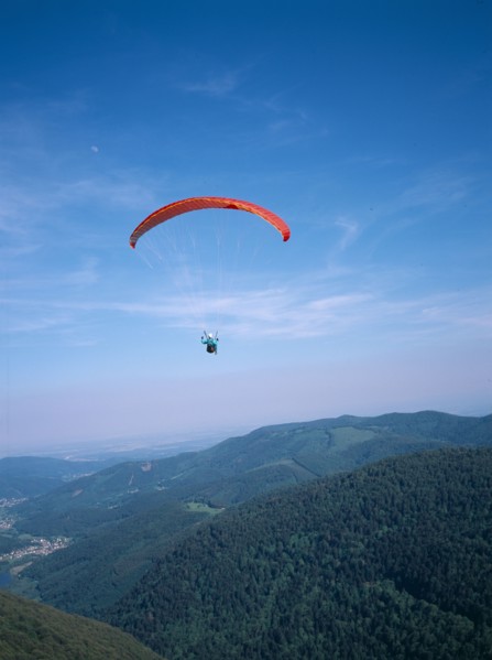 FRANCE, Alsace, Haut Rhin, Paraglider decending from Ballon de l Alsace