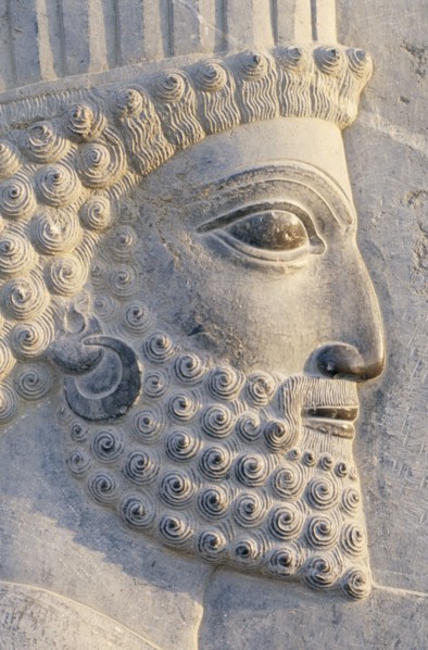 IRAN, Zagros Mountains, Persepolis, Ancient Greek site.  Detail of frieze in the Apadana or Great