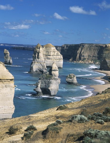 AUSTRALIA, Victoria, Port Campbell N.P, Great Ocean Road. The Twelve Apostles sea stacks in early