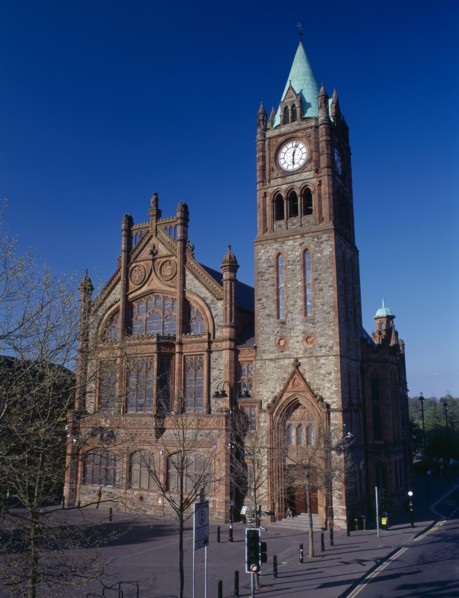 IRELAND, North, Derry, The Guild Hall. Neo Gothic style facade of the civic and cultural centre