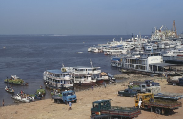 BRAZIL, Amazonas, Manaus, City waterfront on the River Amazon in the dry season.