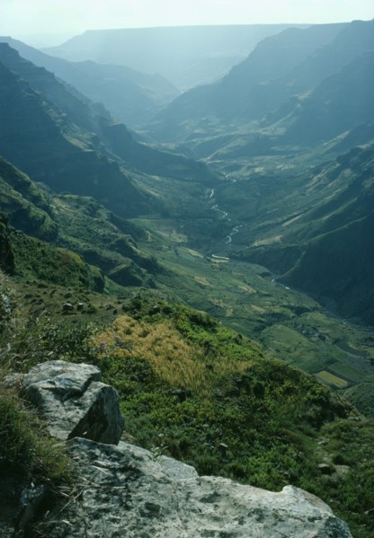 ETHIOPIA, Dese , View from Dese towards Wegel Tena Woilo Province over mountains into green valley.
