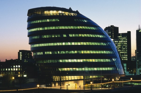 ENGLAND, London, "GLA Building located Southwark, illuminated at dusk"