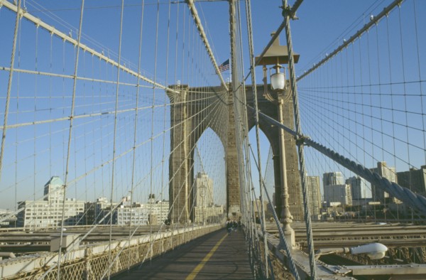 USA, New York, Manhattan, Brooklyn viewed from the walkway on the Brooklyn Bridge