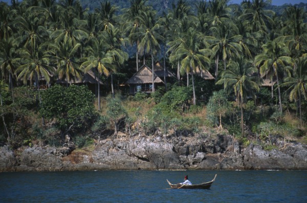 THAILAND, Krabi, Koh Lanta Yai, The Narima Spa Resort chalets amongst coconut palm trees with a man