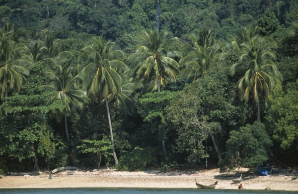 THAILAND, Krabi, Koh Lanta Marine NP, Koh Rok with a man beside a fishing boat on the shoreline