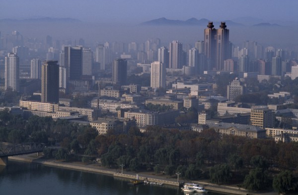 NORTH KOREA, Pyongyang, Cityscape with the Koryo Hotel twin towers amongst other skyscrapers.