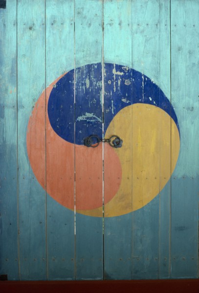 SOUTH KOREA, Religion, Buddhist, Door of Buddhist temple painted with Taegukki symbol representing
