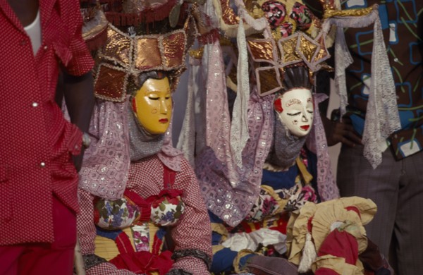 SIERRA LEONE, People, Kaka Devil secret society masked people seated