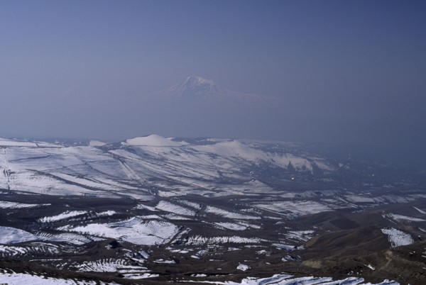 ARMENIA, Mount Ararat, Aerial view over Mount Ararat in Turkey from Vokhchaberd with polluted air