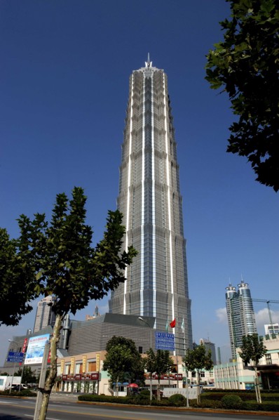 CHINA, Shanghai, Angled view looking up at the Hyatt Hotel skyscraper