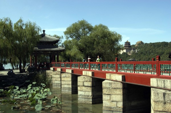 CHINA, Beijing, Summer Palace, View of a bridge on brick supports with the complex buildings