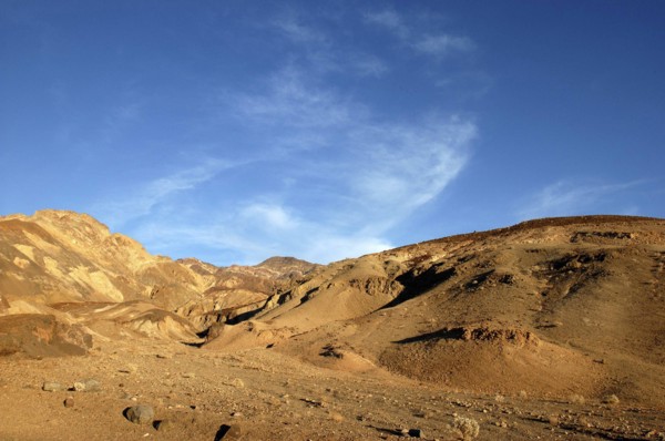 USA, California, Death Valley, View toward layered sculpted rock hills