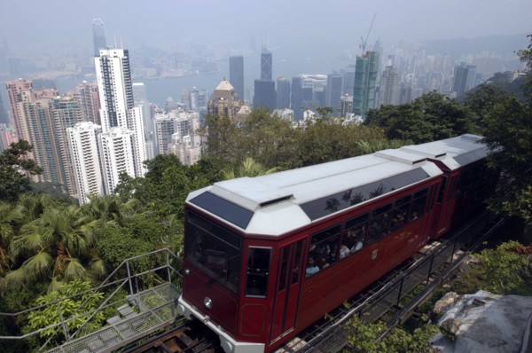 HONG KONG, General, Hillside cable car carriage overlooking the cityscape below