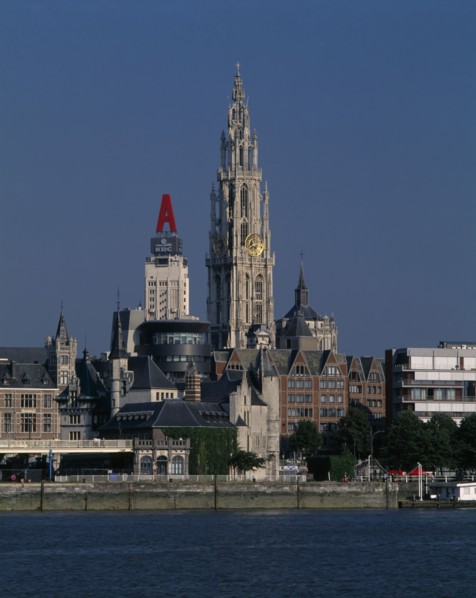 BELGIUM, Flemish Region, Antwerp, Cathedral of Notre Dame from across the River Scheldt with the