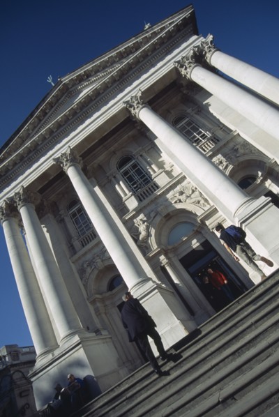 ENGLAND, London, Angled view looking up the steps toward the columned facade of the Tate Britain