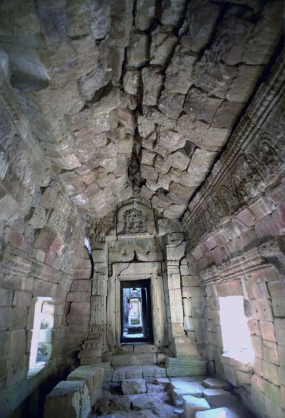 CAMBODIA, Angkor, Interior view of Ta Prohm 12th century Temple ruins