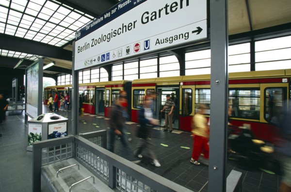 GERMANY, Berlin, Interior of the Zoologischer Garten Railway station with a train at the platform