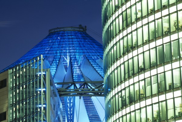 GERMANY, Berlin, Potsdamer Platz. City architecture and The Sony Centre illuminated at night