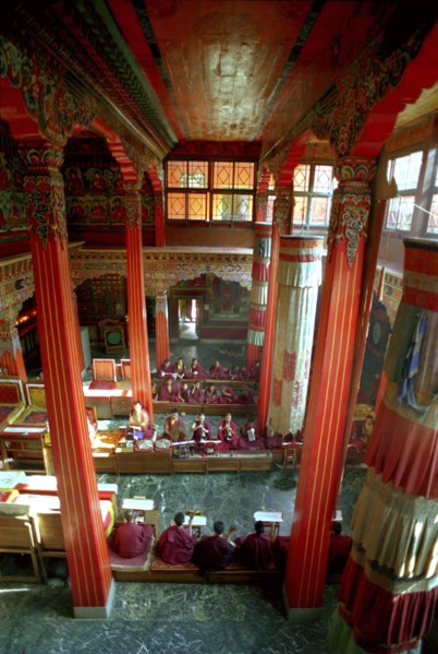 INDIA, Sikkim, Rumtek Gompa, View looking down on Pujar ceremony and the making of a spiritual