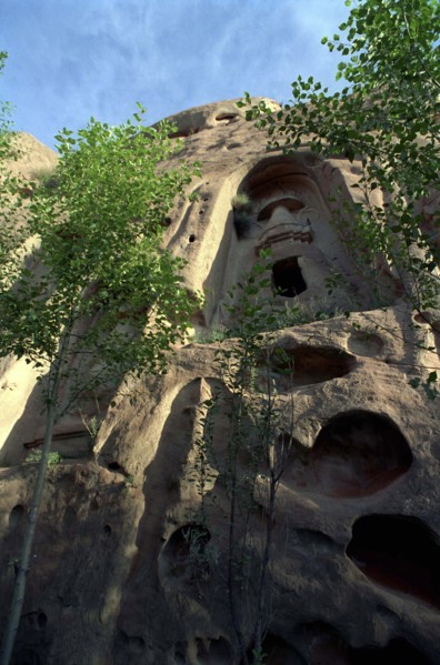 CHINA, Gansu, Zhangye, Angled view looking up at section of the Mati sa Temple built in to the