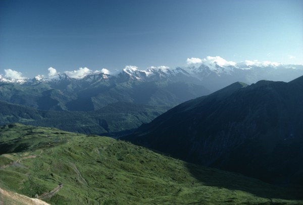 GEORGIA, Caucusas Mountains, Mountain landscape with distant snow covered peaks and dense forest on