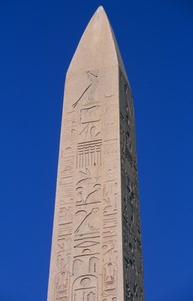 EGYPT, Nile Valley, Karnak, Precinct of Amun.  Hatshepsut obelisk with relief carving and
