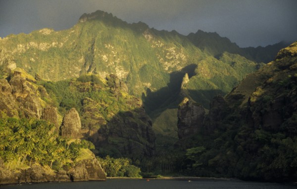PACIFIC ISLANDS, Polynesia, Marquesas Islands, Fatu Hiva Island.  Landscape near Hanavave at sunset