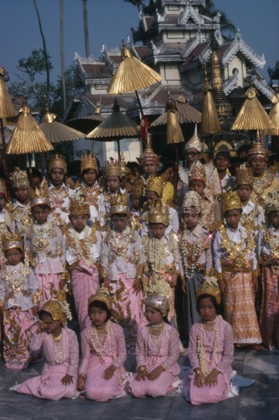 MYANMAR, Religion, Buddhism, Shwedagon Pagoda.  Initiation of novices at the Shinpyu ceremony.