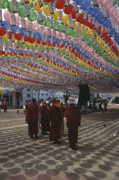 SOUTH KOREA, Seoul, Jogyesa Temple.  Canopy of paper lanterns and prayer streamers hung to
