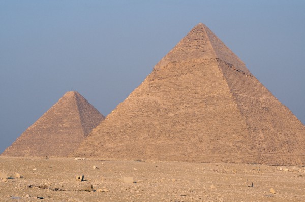 EGYPT, Cairo Area, Giza, Great Pyramid of Cheops or Khufu partly seen behind Pyramid of Chephren