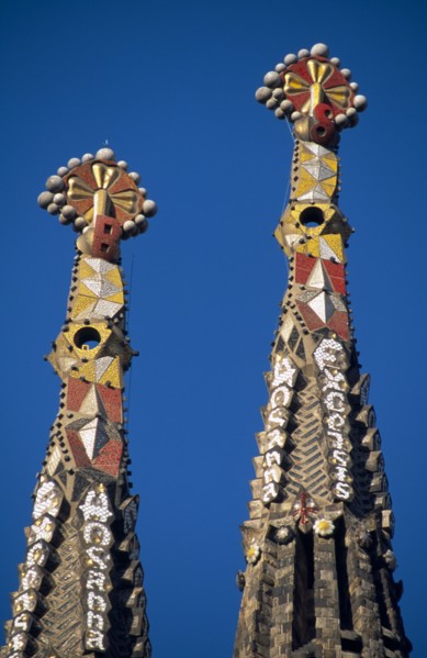 SPAIN, Catalonia, Barcelona, La Sagrada Familia unfinished church designed by Gaudi.  Detail of two