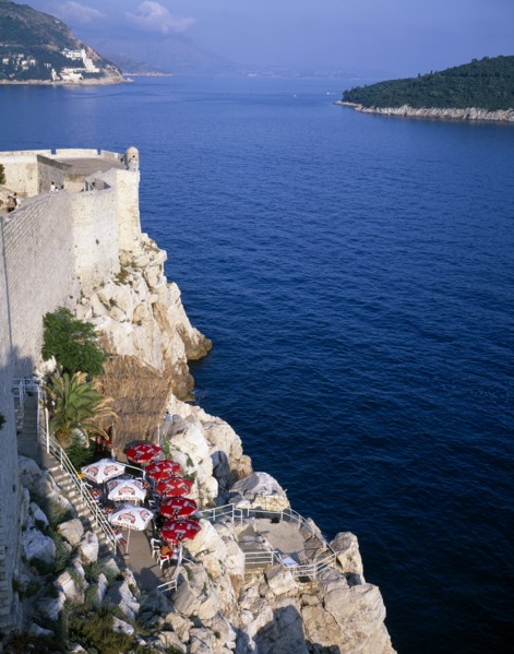 CROATIA, Dalmatia, Dubrovnik, Bar on cliff outside the City Wall or Gradske Zidine facing Kolocep