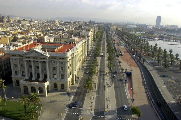 SPAIN, Catalonia, Barcelona, View over road and city skyline