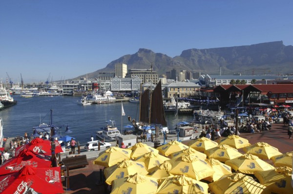 SOUTH AFRICA, Western Cape, Cape Town, View over the waterfront area with brightly coloured
