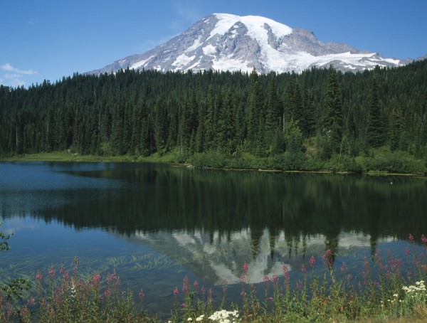 USA, Washington State, Mount Rainer National Park, Snow capped Mount Rainer seen over Reflections