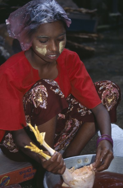 MYANMAR, Yangon, Young woman cleaning chicken carcass.