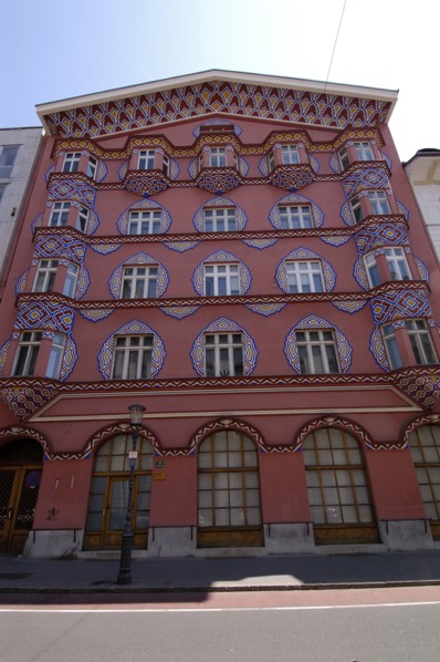 SLOVENIA, Ljubljana, Angled view looking up at the Art Nouveau facade of the Cooperative Bank