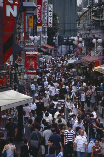 JAPAN, Honshu, Tokyo, View over the busy Ameyayokocho market street