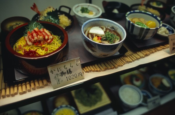 JAPAN, Honshu, Kyoto, Plastic food displayed in the window of a restaurant