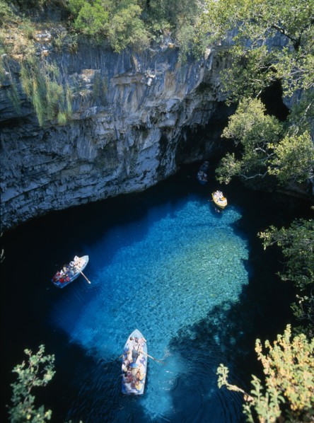 GREECE, Ionian Islands, Kefallonia, Melissani lake with tourist boats